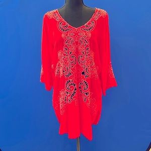 Johnny Was Tunic w/ embroidered cut outs Beautiful Coral Color! Over-sized